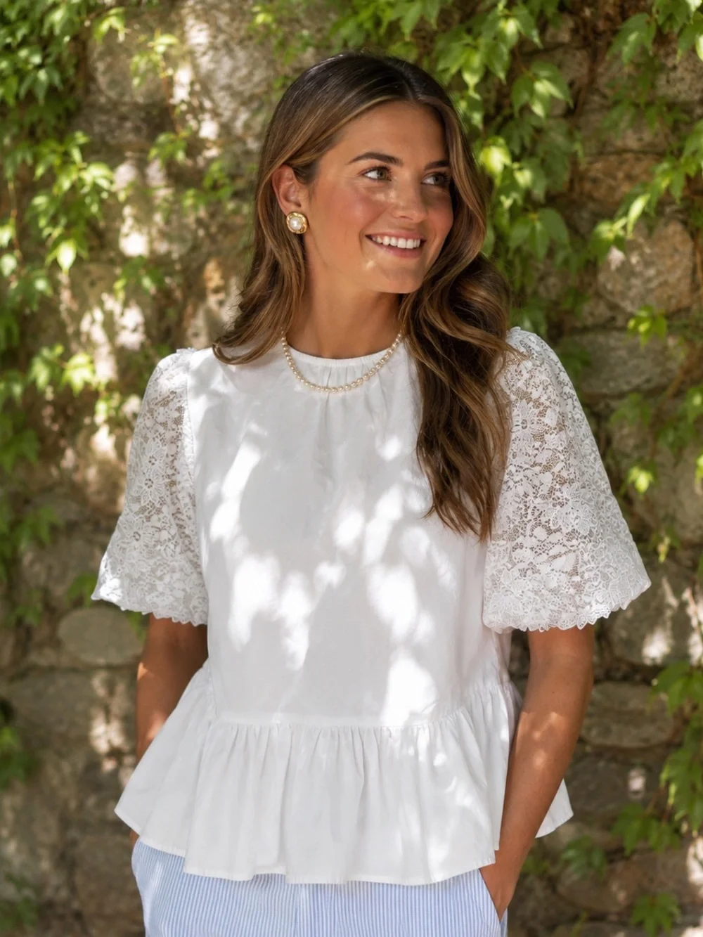 ZARA White Coastal Prep Feminine Lace Puff Sleeve Romantic Peplum Blouse, S